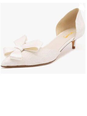 XYD White D'Orsay Kitten Heel Bridal Bowknot Pumps Elegant Pointed Toe Shoes